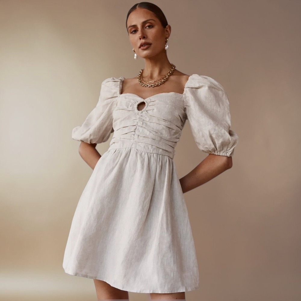 DISSH 6 Beige Sweeney Linen Puff Sleeve Keyhole Mini Dress Cottagecore Bohemian